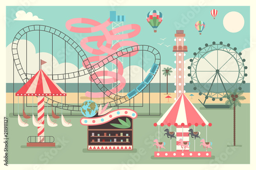 Amusement park on the beach with kid carousel, ferris wheel, water slides and balloons. Vector flat summer illustration.