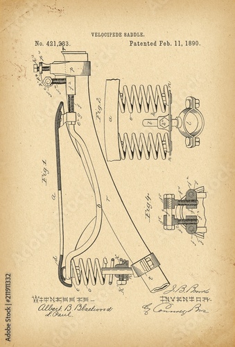 1890 Patent Velocipede Saddle Bicycle archive history invention photo