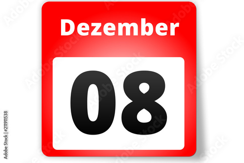 08 Dezember Datum Kalender auf weißem Hintergrund