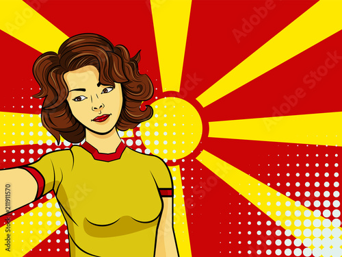 Asian woman taking selfie photo in front of national flag Macedonia in pop art style illustration. Element of sport fan illustration for mobile and web apps