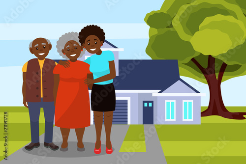 Smiling Afro American black family posing on the background of modern house vector Illustration