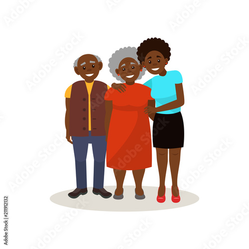 Smiling Afro American black elderly couple and their adult daughter posing together, happy family concept vector Illustration on a white background