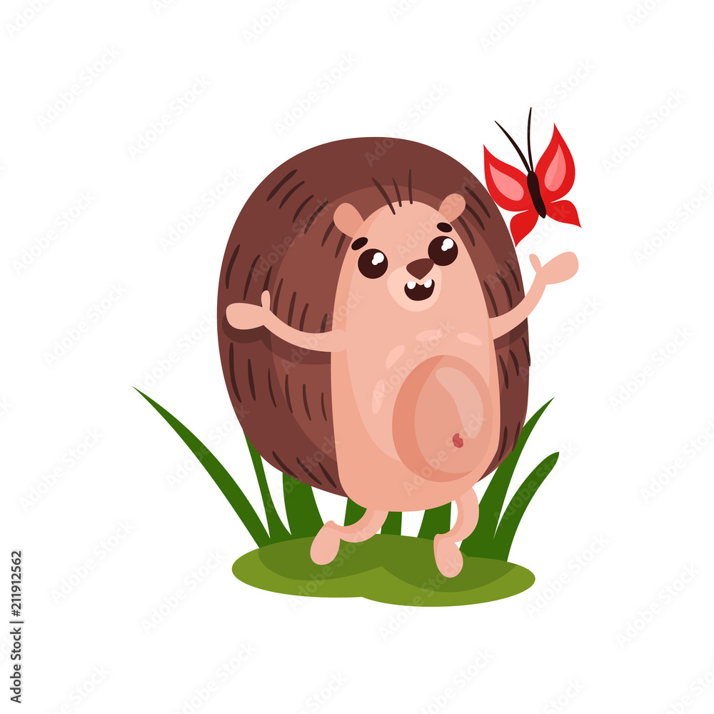 Fototapeta premium Cute happy hedgehog having fun with butterfly, funny animal cartoon character vector Illustration on a white background