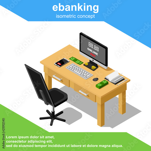 Isometric e-banking vector concept includes wooden table, monitor, smartphone and cash.