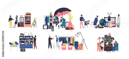 Collection of sellers and counters of flea market, rag fair. People selling vintage goods, jewelry and stylish clothing isolated on white background. Vector illustration in flat cartoon style.