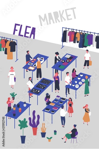 Flyer or poster template for flea or fashion market, rag fair with buyers and sellers of vinyl records, jewelry, books, plants, stylish clothing. Colorful vector illustration in flat cartoon style.