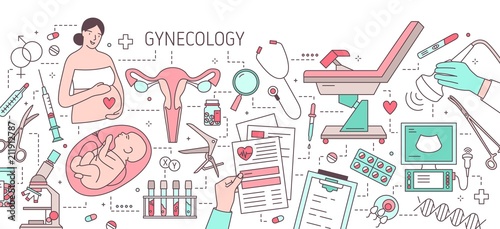 Modern horizontal banner with pregnant woman, fetus in womb, uterus, gynecological examination chair and medical equipment. Gynecology and obstetrics. Colorful vector illustration in line art style. photo