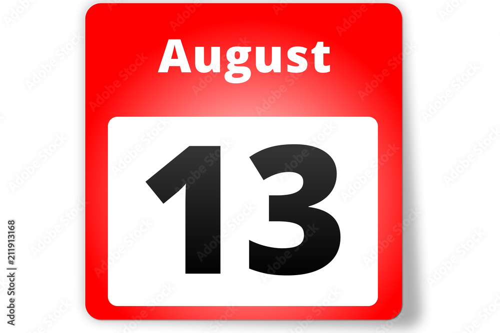 13 August Datum Kalender auf weißem Hintergrund 13 August Datum Kalender auf weißem Hintergrund