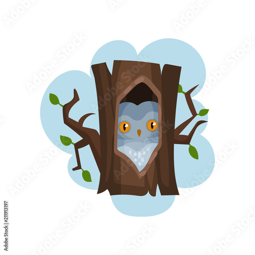 Owl sitting in hollow of tree, hollowed out old tree and bird inside vector Illustration on a white background
