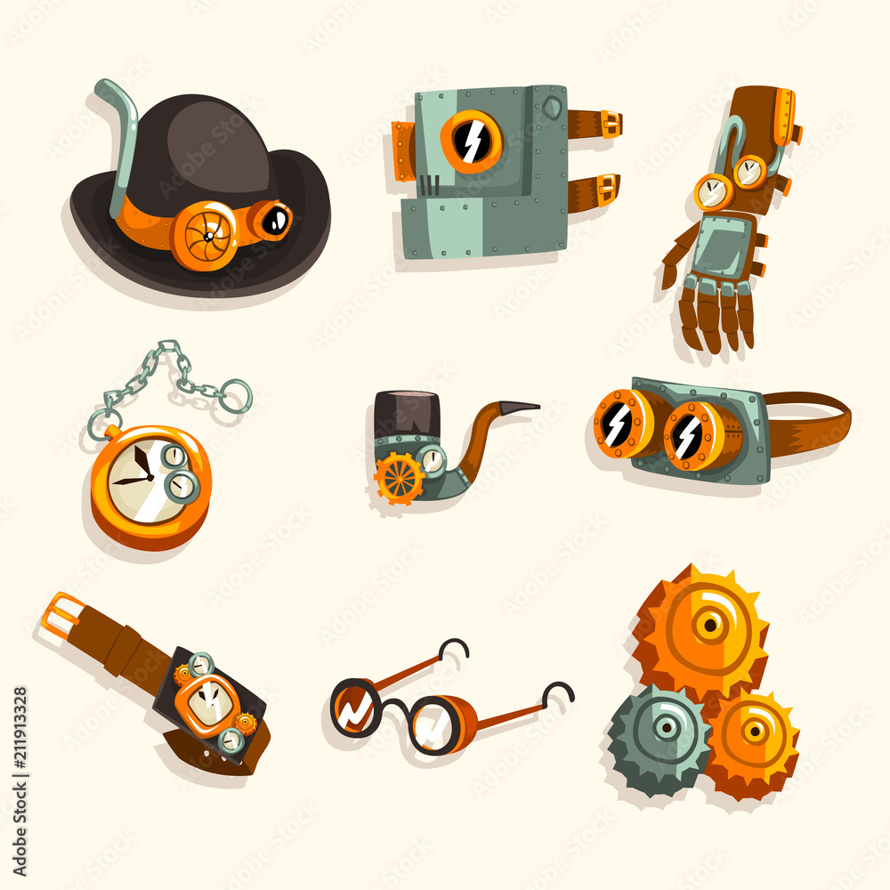 Steampunk objects set, antique mechanical devices and mechanisms vector