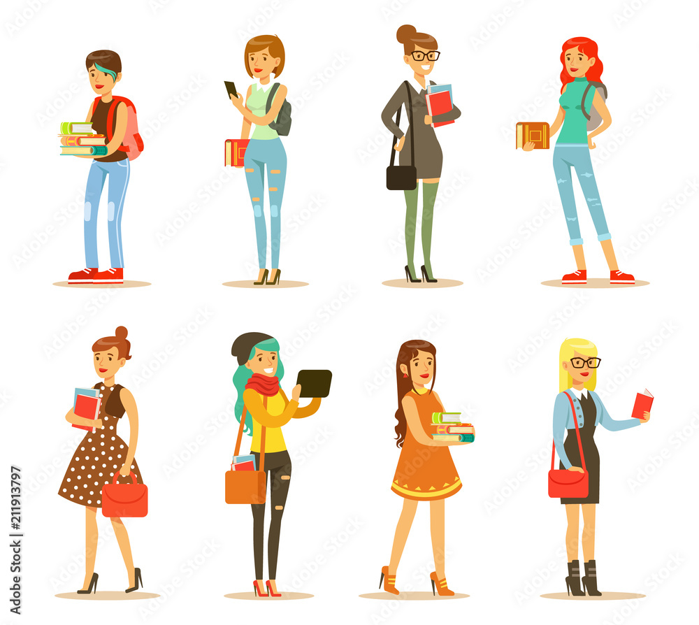 Flat vector set of young girls with books and bags. Students of college or university. Cartoon female characters in stylish casual clothes