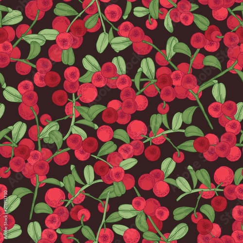 Elegant seamless pattern with arctic lingonberry on dark background