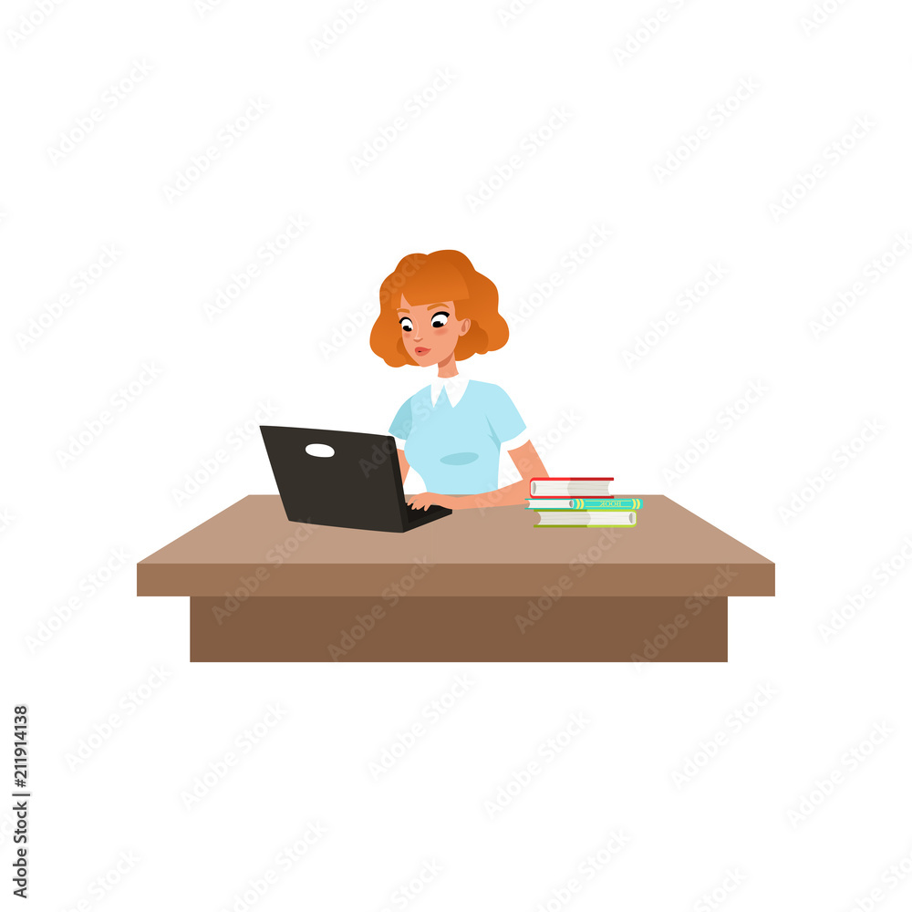 Girl sitting at the desk and studying using her computer, student in learning process vector Illustration on a white background Girl sitting at the desk and studying using her computer, student in learning process vector Illustration on a white background