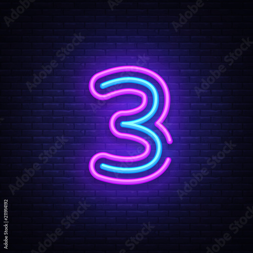 Number three symbol neon sign vector. Third, Number three template neon icon, light banner, neon signboard, nightly bright advertising, light inscription. Vector illustration