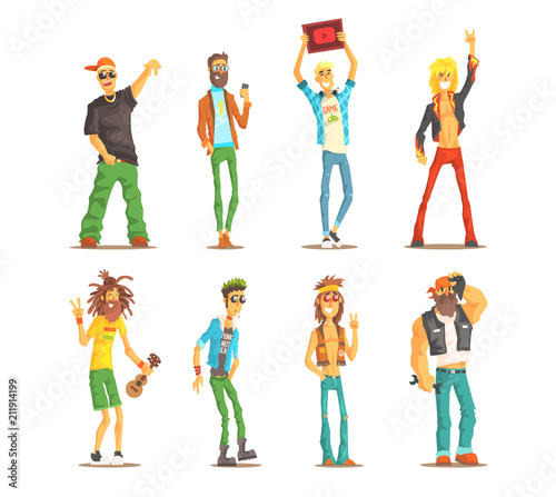 Cartoon people characters of different subcultures. Young guys and adult men's with cultural attributes. Flat vector set