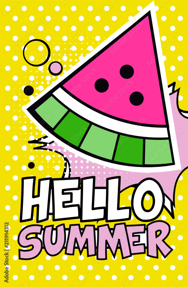 Hello Summer banner, bright retro pop art style poster with watermelon  Stock Vector | Adobe Stock
