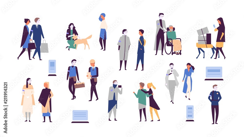 Collection of humans and robots isolated on white background. Androids help people carry items, care about pet animal, assist disabled person, take photo. Flat cartoon colorful vector illustration.