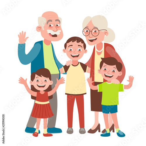 Grandparents, grandson and two grandchildren portrait. Happy grandparents day concept. Vector illustration in cartoon style, isolated on white background. 