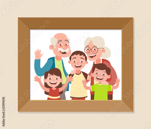Grandparents and grandchildren framed photo. Grandparents day celebration. Happy grandparents and children. Vector illustration in cartoon style.