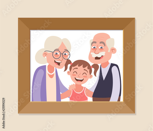 Grandparents and granddaughter framed photo. Grandparents day celebration. Happy grandparents and girl. Vector illustration in cartoon style.