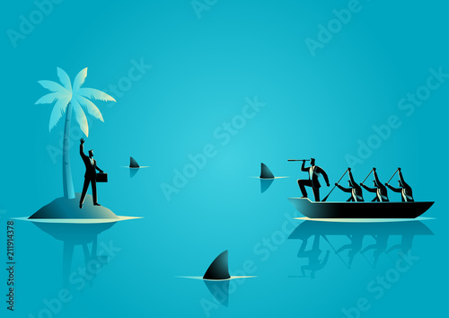 Businessman get stuck on island with water full of shark