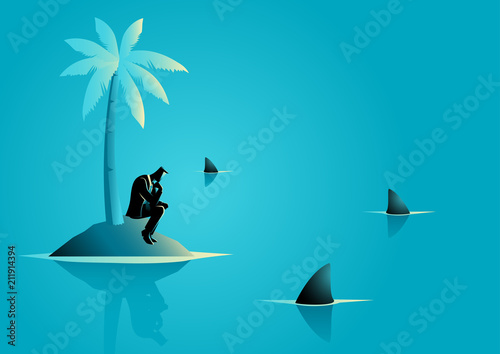 Businessman get stuck on island with water full of shark