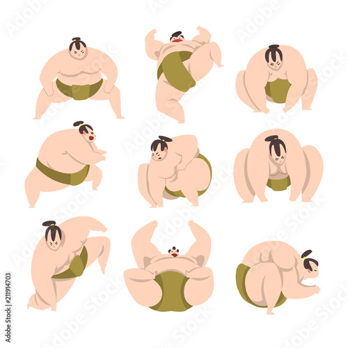 Sumo wrestler character set, sumoist athlete in action, Japanese martial art fighter vector Illustrations on a white background