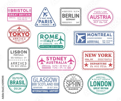 Collection of passport visa stamps isolated on white background. Bundle of travel or touristic marks. Set of round, rectangular and triangular journey or trip markings. Colorful vector illustration.