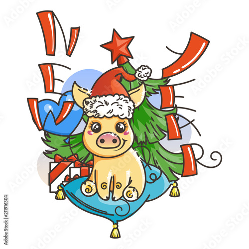 Happy New 2019 Year card with cartoon golden baby pig. Small symbol of holiday.
