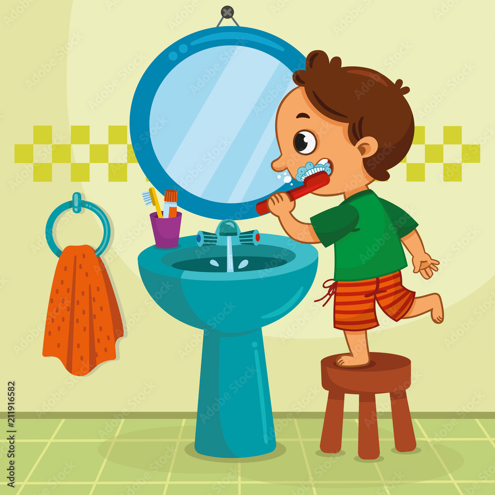 Little boy brushing his teeth in the bathroom. Vector illustration.

