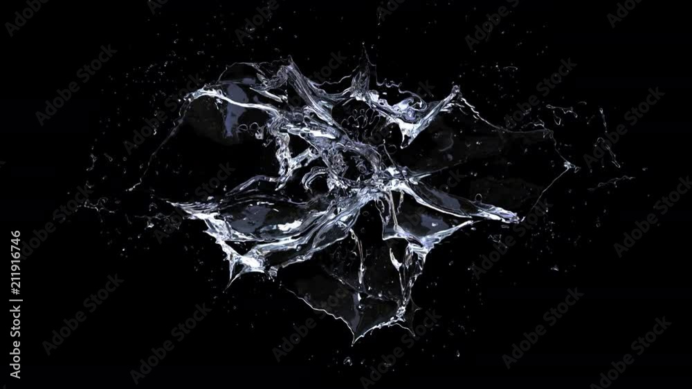 Water splash perfect shape explode from center around itself, more detail for element, begin speed and slowly, alpha channel.