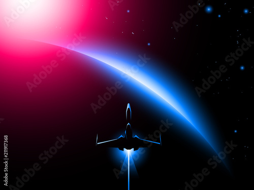 space ship exploring outer space, retro style vector illustration