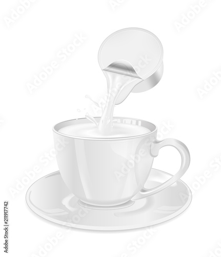 Single serve cup for dairy creamer. Glass coffee cup and saucer