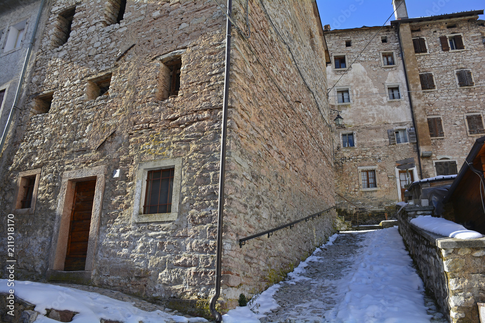 A street in the hill village of Casso in winter Friuli Venezia Giulia, north east Italy. A street in the hill village of Casso in winter Friuli Venezia Giulia, north east Italy.