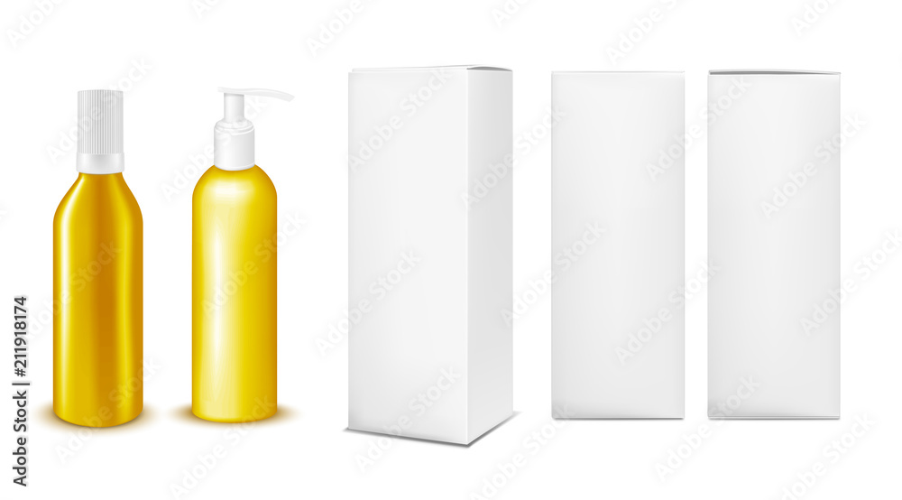 Plastic or metal gold bottle with cap and with pump dispenser.. Vertical paper box Plastic or metal gold bottle with cap and with pump dispenser.. Vertical paper box