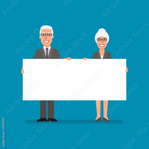 Old businessman and business woman holds clean sheet paper