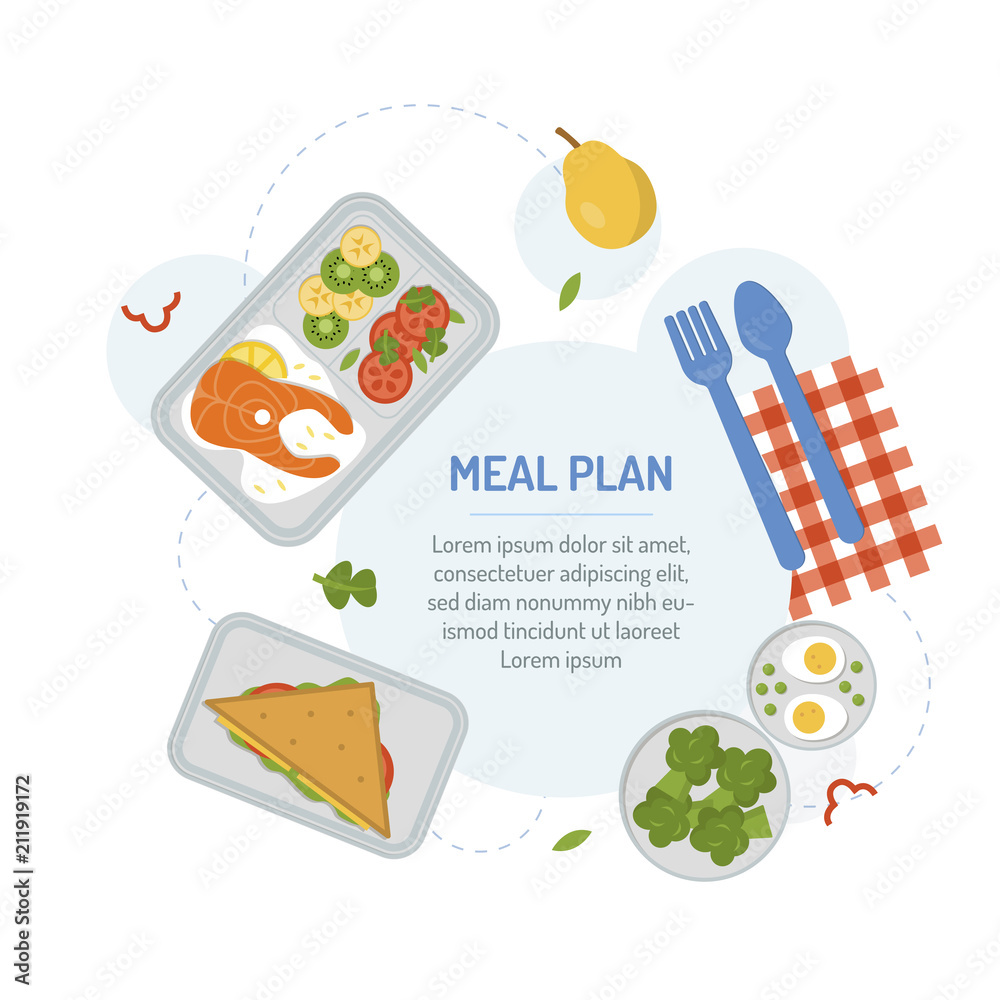 Packaging of meals in advance to support a healthy lifestyle. Meal planning menu for the day. The food in the containers. Flat design. Vector illustration. Packaging of meals in advance to support a healthy lifestyle. Meal planning menu for the day. The food in the containers. Flat design. Vector illustration.
