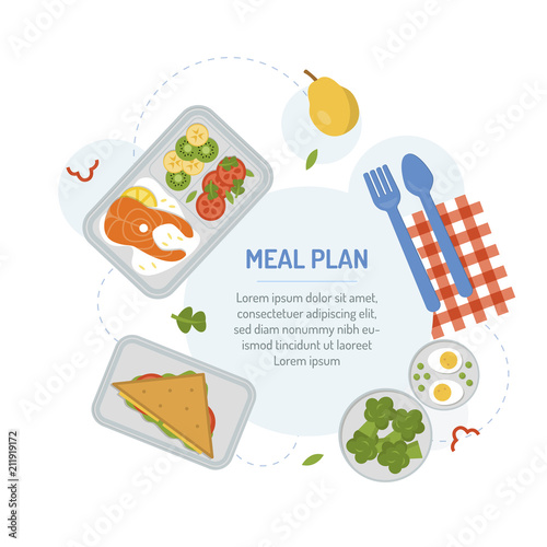 Packaging of meals in advance to support a healthy lifestyle. Meal planning menu for the day. The food in the containers. Flat design. Vector illustration.