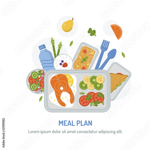 Packaging of meals in advance. Healthy lifestyle concept. Meal planning menu for the day. The food in the containers. Flat design. Vector illustration.