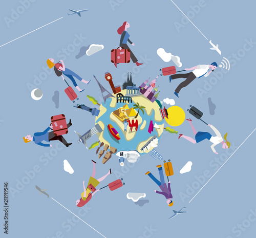 Travelers on the globe world with suitcases