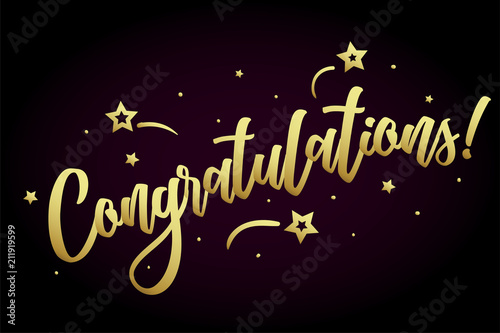 Congratulations card, banner. Beautiful greeting poster calligraphy gold text word ribbon star, hand drawn design elements. Handwritten modern brush lettering on a black background isolated vector