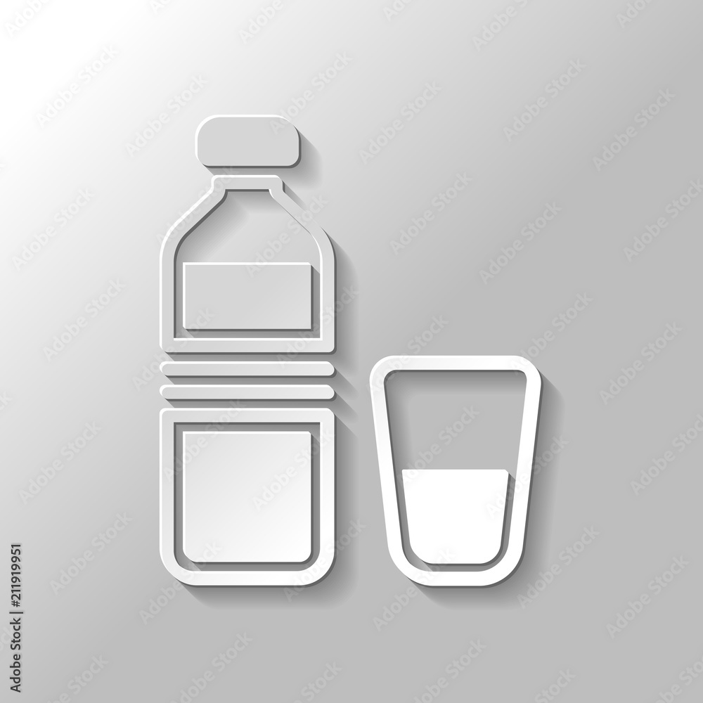bottle of water and glass cup. simple icon. Paper style with sha bottle of water and glass cup. simple icon. Paper style with sha