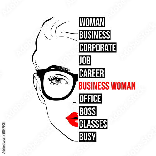 Fashion Business Woman in glasses and red lips with fashion inscription, letters on face. Half of female face with glasses. Stylish original graphics portrait beautiful young attractive business lady