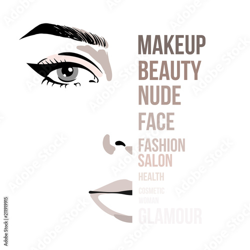 Beautiful woman portrait beauty skincare concept with letters on face. Glamour fashion beauty woman face illustration with fashion inscription on face in watercolor style. Vector illustration.