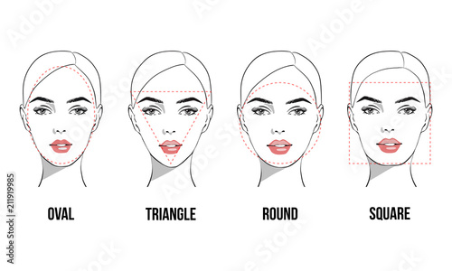Set of vector face shapes. Oval, triangle, round, square, rectangle. Different types of face people. Various types of women faces. Set Portrait of beautiful women