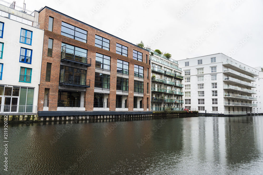 Canal and modern buildings in London, England, United Kingdom Canal and modern buildings in London, England, United Kingdom