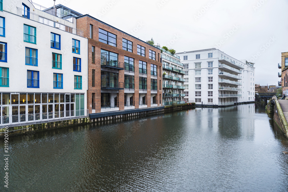 Canal and modern buildings in London, England, United Kingdom