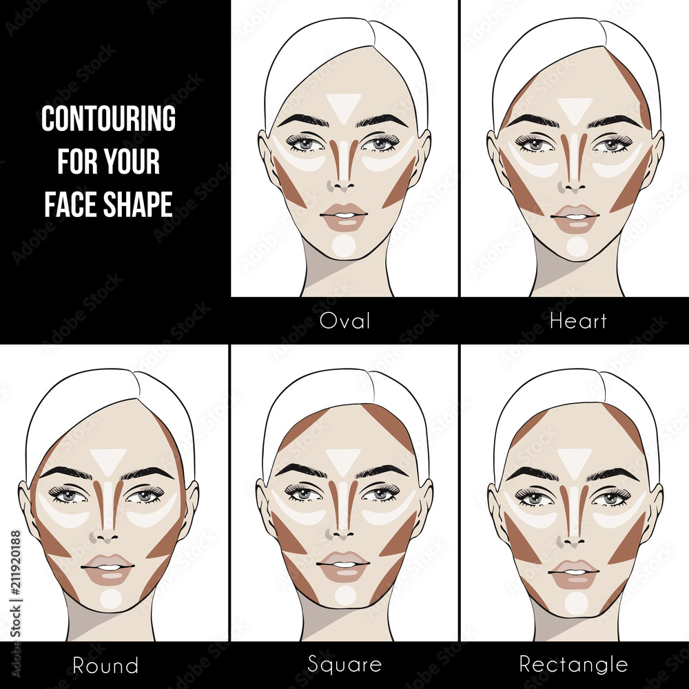 Contouring makeup for different types of woman's face. Vector set of  different forms of female face. How to put on perfect make up. Contouring  and highlighting for your face shape. Stock Vector