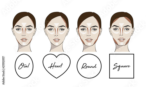 Contouring makeup for different types of woman's face. Vector set of different forms of female face. How to put on perfect make up. Contouring and highlighting for face shapes.