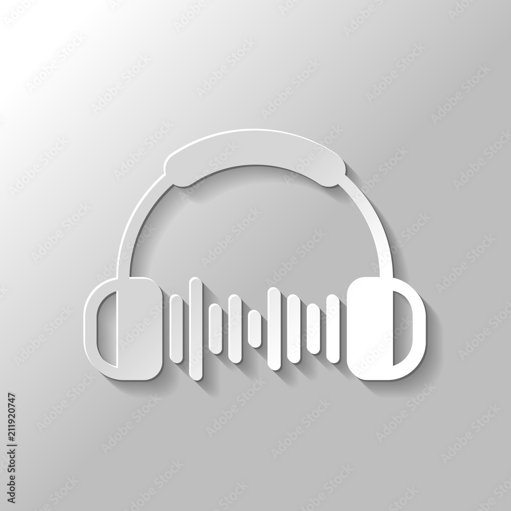 Headphones and music wave. Max volume level. Simple icon. Paper Headphones and music wave. Max volume level. Simple icon. Paper